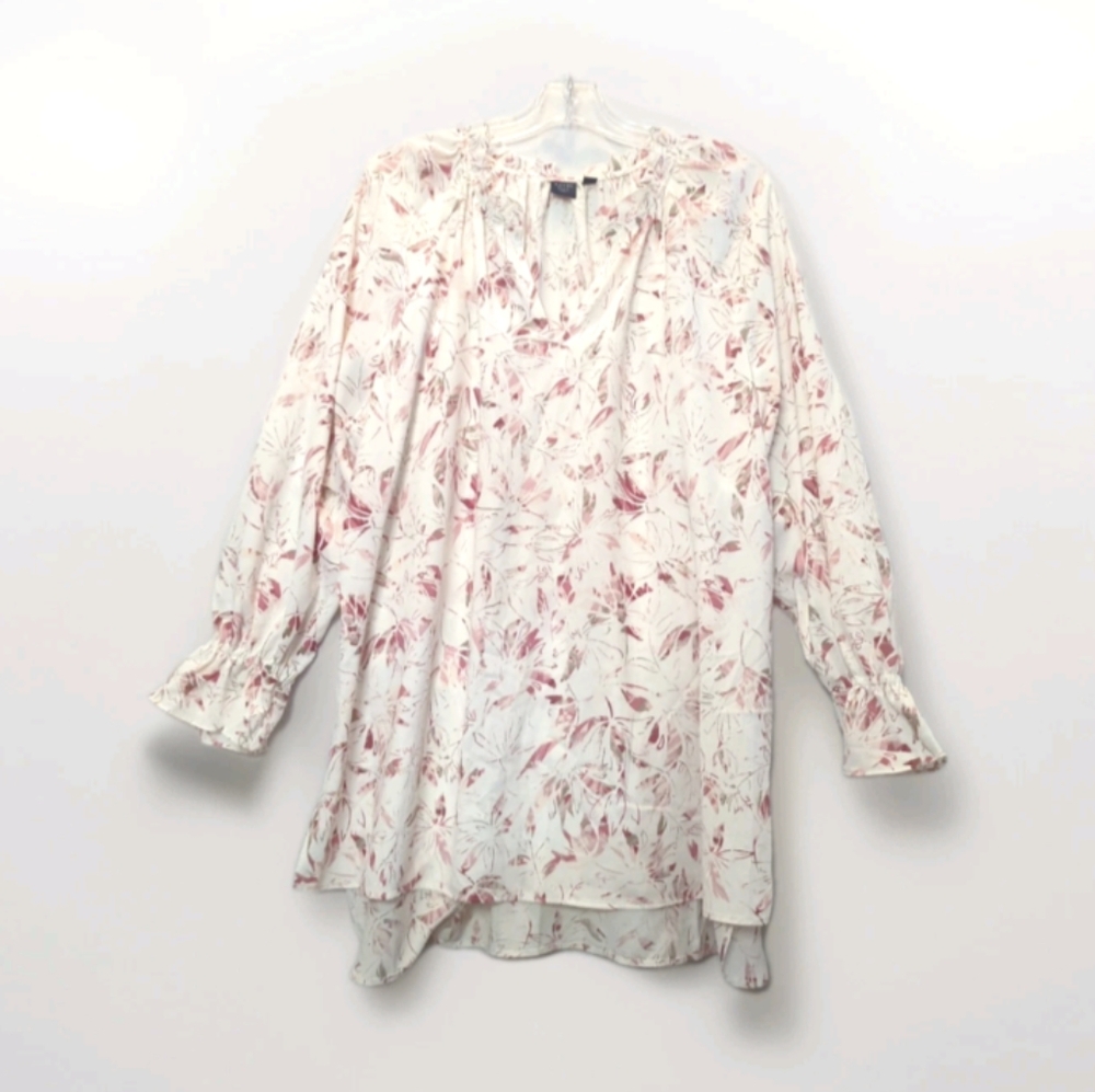 Women's Kaari Blue Round Ruffleneck Size 2X Long Ruffle Sleeve Floral Cream Pink - Picture 2 of 15